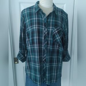 Womens Reitmans Green Plaid Button-Up Shirt | Size M/L